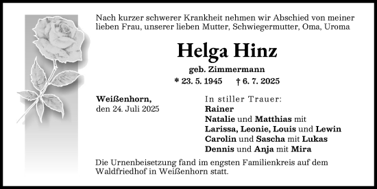 Traueranzeige von Helga Hinz von Neu-Ulmer Zeitung