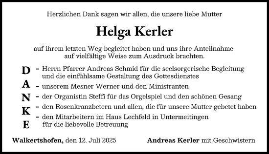 Traueranzeige von Helga Kerler von Schwabmünchner Allgemeine