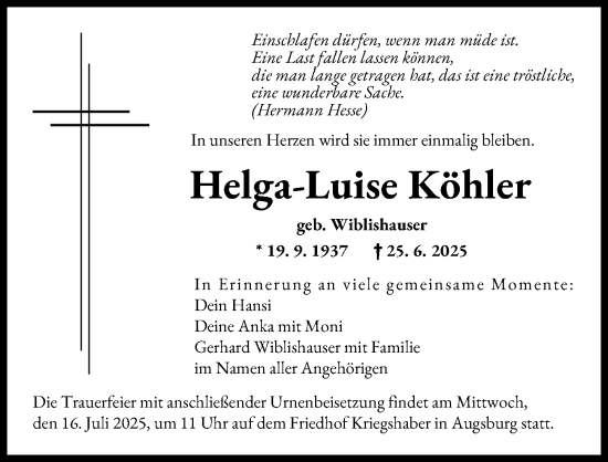 Traueranzeige von Helga-Luise Köhler von Augsburger Allgemeine