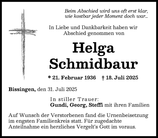 Traueranzeige von Helga Schmidbaur von Donau Zeitung