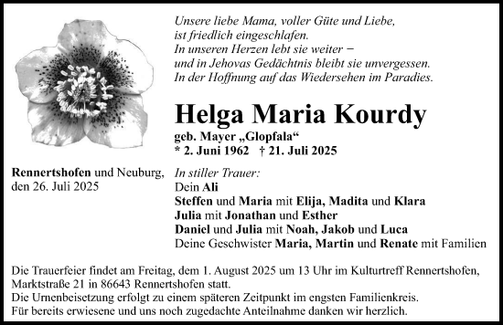 Traueranzeige von Helga Maria Kourdy von Neuburger Rundschau