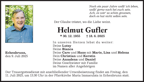 Traueranzeige von Helmut Gufler von Donau Zeitung
