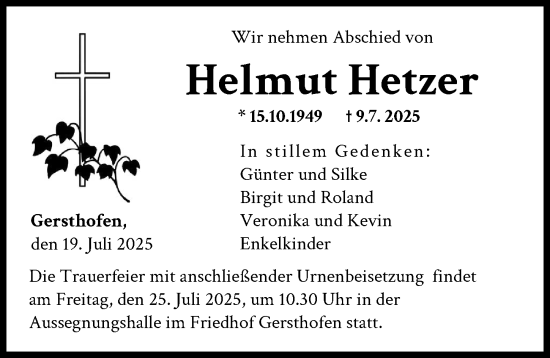 Traueranzeige von Helmut Hetzer von Augsburger Allgemeine