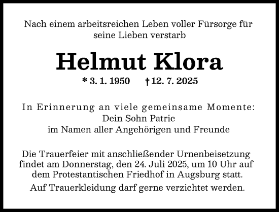 Traueranzeige von Helmut Klora von Augsburger Allgemeine