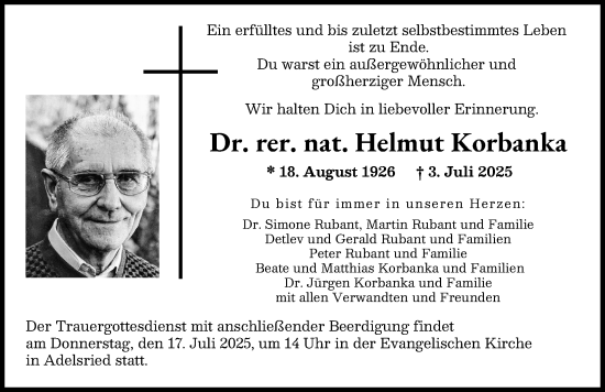 Traueranzeige von Helmut Korbanka von Augsburger Allgemeine