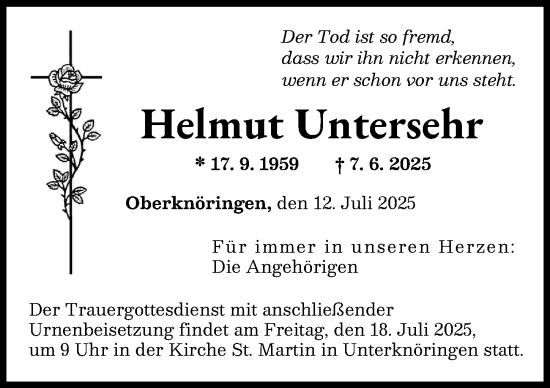 Traueranzeige von Helmut Untersehr von Günzburger Zeitung