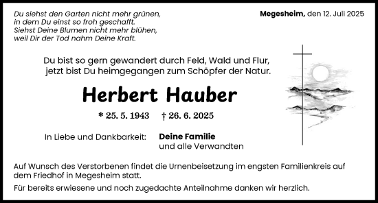 Traueranzeige von Herbert Hauber von Rieser Nachrichten