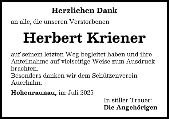 Traueranzeige von Herbert Kriener von Mittelschwäbische Nachrichten