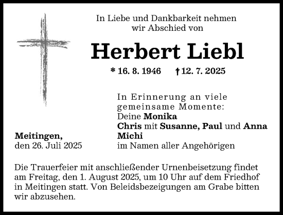 Traueranzeige von Herbert Liebl von Augsburg-Land