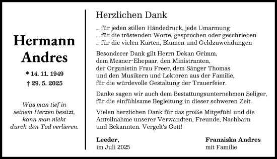 Traueranzeige von Hermann Andres von Landsberger Tagblatt