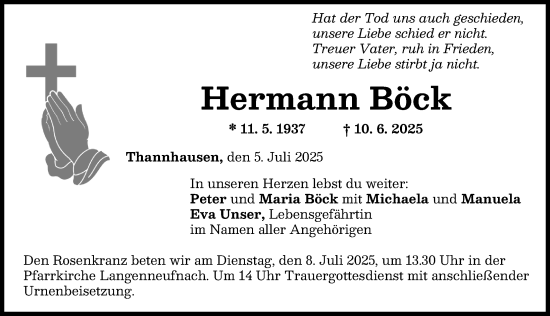 Traueranzeige von Hermann Böck von Mittelschwäbische Nachrichten, Schwabmünchner Allgemeine