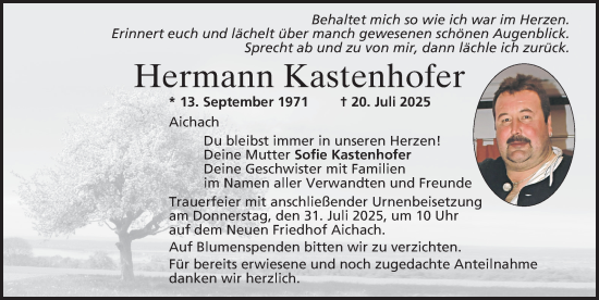 Traueranzeige von Hermann Kastenhofer von Aichacher Nachrichten