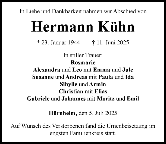 Traueranzeige von Hermann Kühn von Rieser Nachrichten
