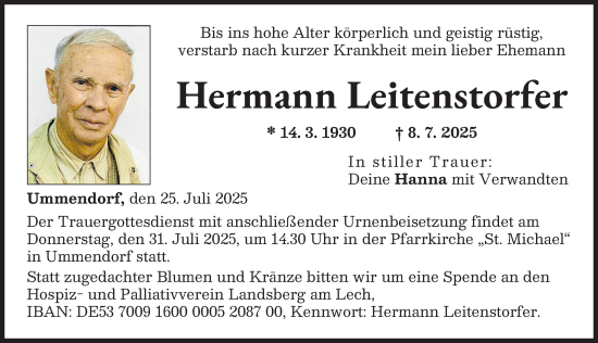 Traueranzeige von Hermann Leitenstorfer von Landsberger Tagblatt