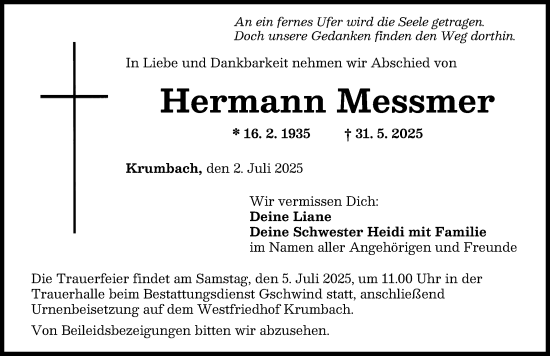 Traueranzeige von Hermann Messmer von Mittelschwäbische Nachrichten