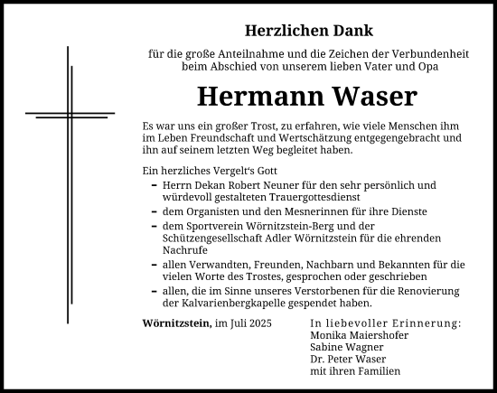 Traueranzeige von Hermann Waser von Donauwörther Zeitung