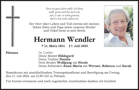 Traueranzeige von Hermann Wendler von Aichacher Nachrichten