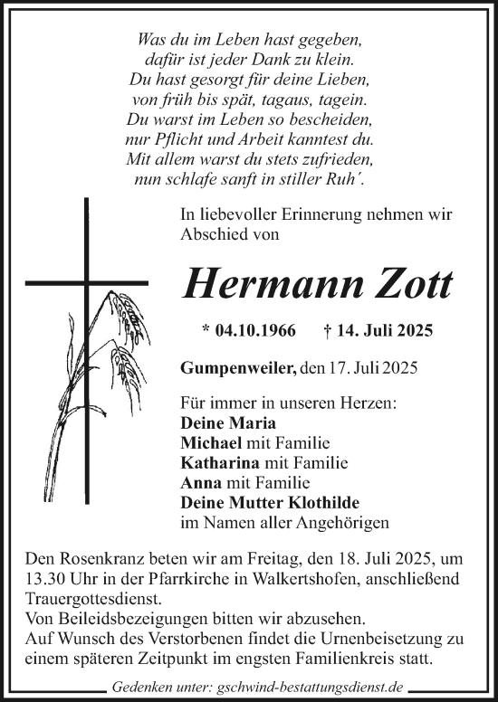 Traueranzeige von Hermann Zott von Schwabmünchner Allgemeine