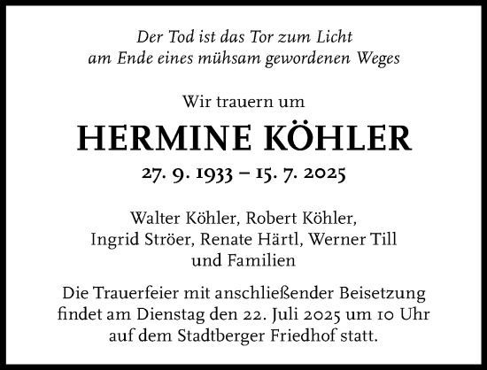 Traueranzeige von Hermine Köhler von Augsburger Allgemeine