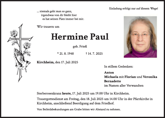 Traueranzeige von Hermine Paul von Mindelheimer Zeitung, Mittelschwäbische Nachrichten