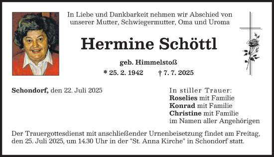 Traueranzeige von Hermine Schöttl von Landsberger Tagblatt