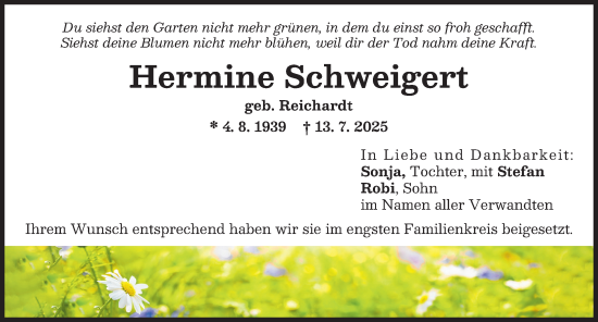 Traueranzeige von Hermine Schweigert von Günzburger Zeitung