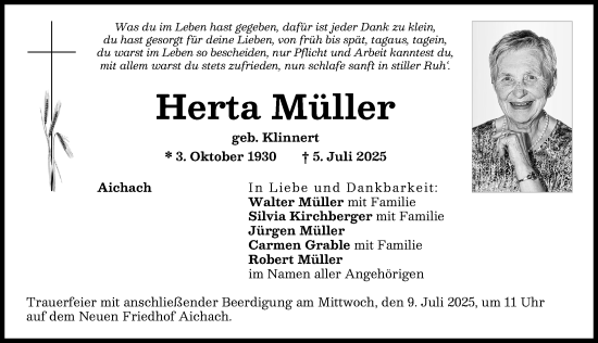 Traueranzeige von Herta Müller von Aichacher Nachrichten