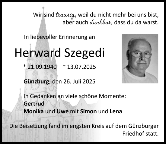 Traueranzeige von Herward Szegedi von Mittelschwäbische Nachrichten