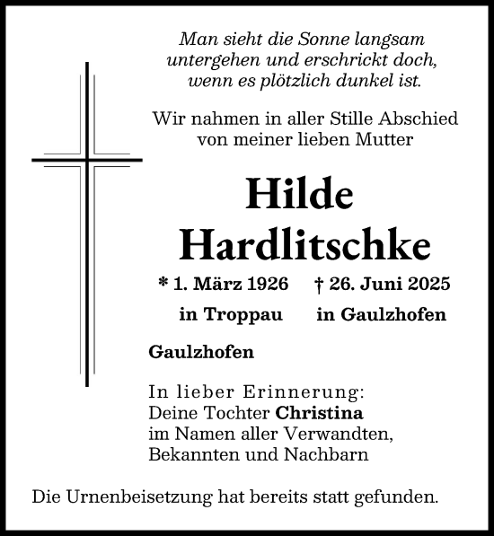 Traueranzeige von Hilde Hardlitschke von Aichacher Nachrichten
