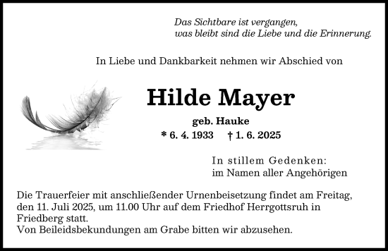 Traueranzeige von Hilde Mayer von Augsburger Allgemeine, Friedberger Allgemeine