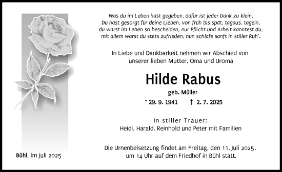 Traueranzeige von Hilde Rabus von Günzburger Zeitung