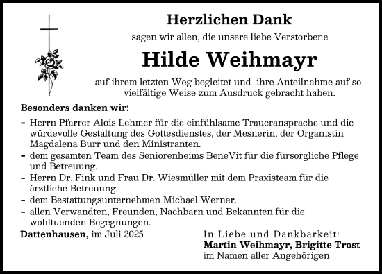 Traueranzeige von Hilde Weihmayr von Donau Zeitung
