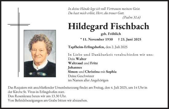 Traueranzeige von Hildegard Fischbach von Donauwörther Zeitung