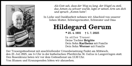 Traueranzeige von Hildegard Gerum von Schwabmünchner Allgemeine