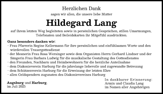 Traueranzeige von Hildegard Lang von Rieser Nachrichten, Donauwörther Zeitung