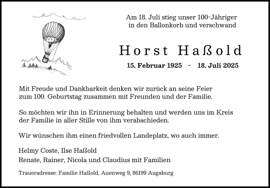 Traueranzeige von Horst Haßold von Augsburger Allgemeine