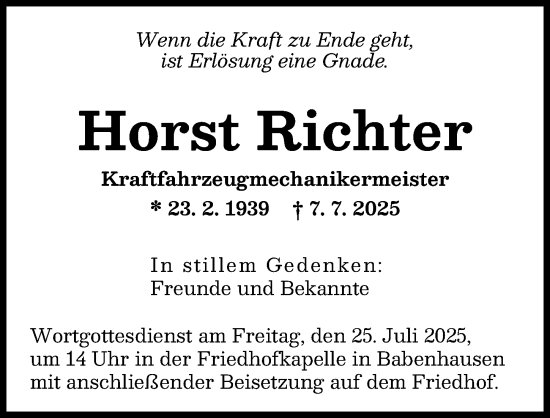 Traueranzeige von Horst Richter von Illertisser Zeitung