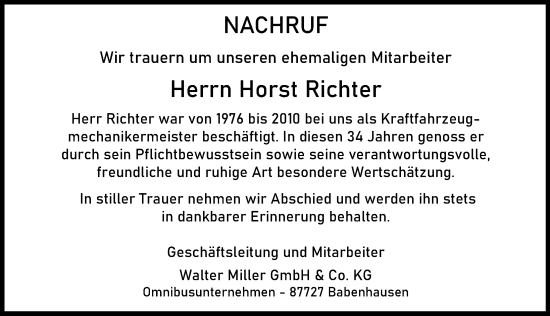 Traueranzeige von Horst Richter von Illertisser Zeitung