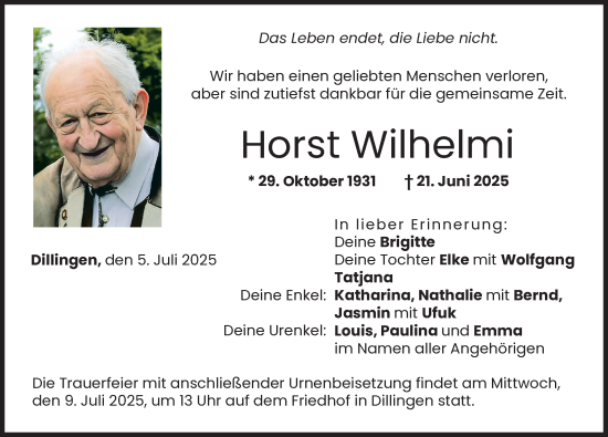 Traueranzeige von Horst Wilhelmi von Donau Zeitung