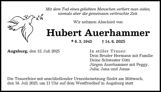 Traueranzeige von Hubert Auerhammer von Augsburger Allgemeine