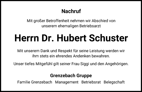 Traueranzeige von Hubert Schuster von Donauwörther Zeitung