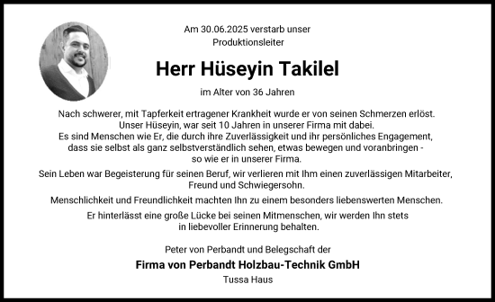 Traueranzeige von Hüseyin Takilel von Illertisser Zeitung