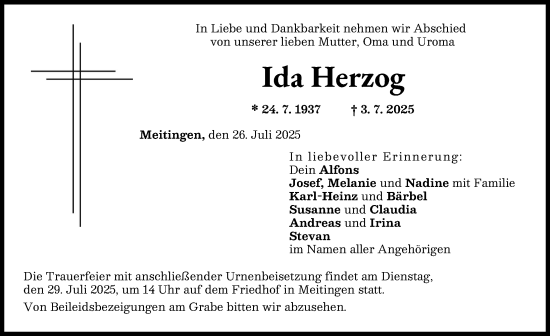 Traueranzeige von Ida Herzog von Augsburg-Land