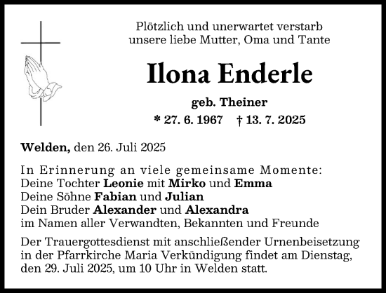 Traueranzeige von Ilona Enderle von Augsburg-Land