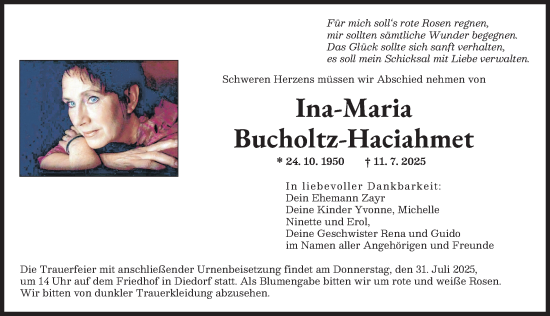Traueranzeige von Ina-Maria Bucholtz-Haciahmet von Augsburger Allgemeine