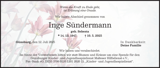 Traueranzeige von Inge Sündermann von Günzburger Zeitung