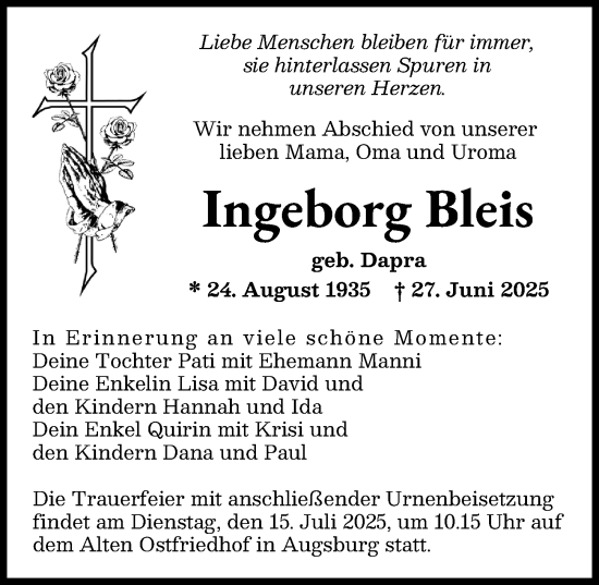 Traueranzeige von Ingeborg Bleis von Augsburger Allgemeine, Friedberger Allgemeine