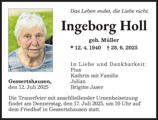 Traueranzeige von Ingeborg Holl von Augsburger Allgemeine