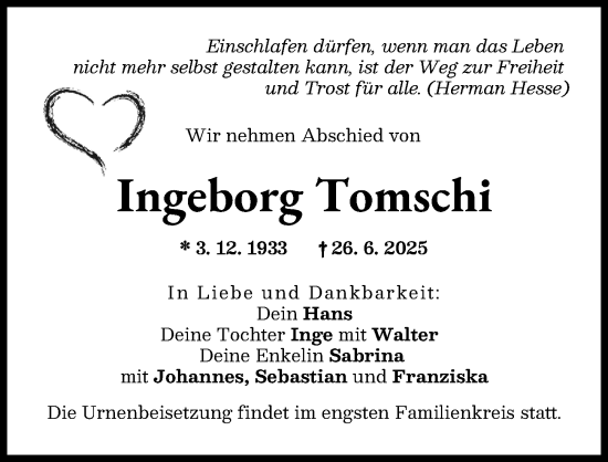 Traueranzeige von Ingeborg Tomschi von Augsburger Allgemeine
