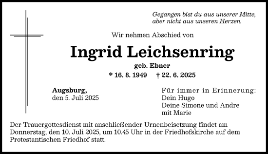 Traueranzeige von Ingrid Leichsenring von Augsburger Allgemeine